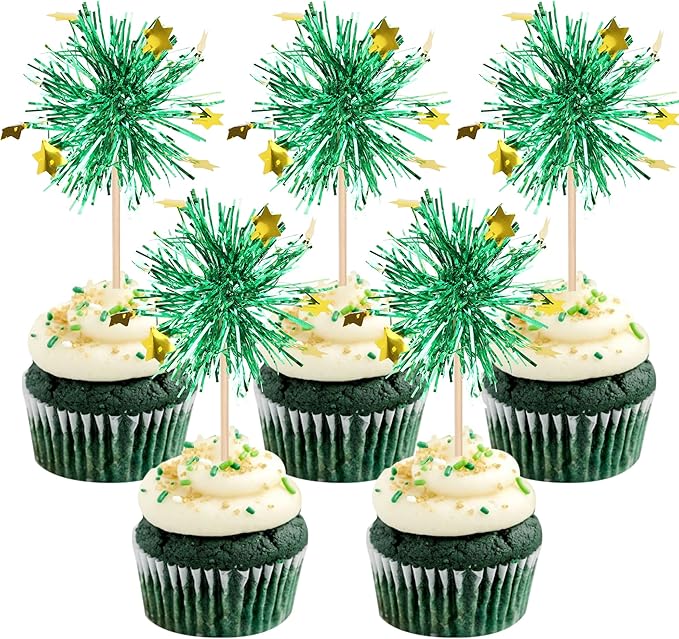 30 PCS Foil Firework Cupcake Toppers Happy Birthday Star Cupcake Picks Sparkle Tinsel Drink Stirrers Cocktail Fruit Toothpicks for Valentine's Day Wedding Birthday Party Decorations Supplies Green
