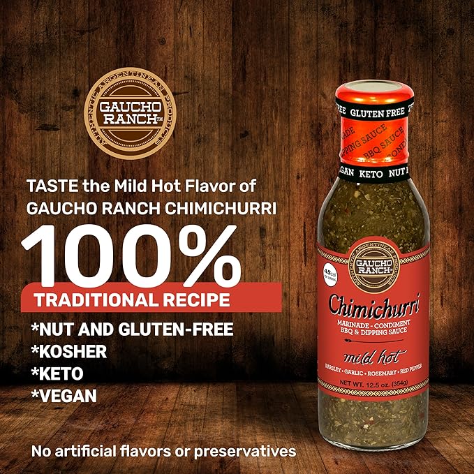 Gaucho Ranch Gourmet Chimichurri Steak Sauce Mild Hot | Authentic Argentinian Marinade & Meat Sauce for Beef, Chicken, Pork & Veggies | All Natural, Vegan, Gluten-Free, Keto, No Preservatives | 12.5oz