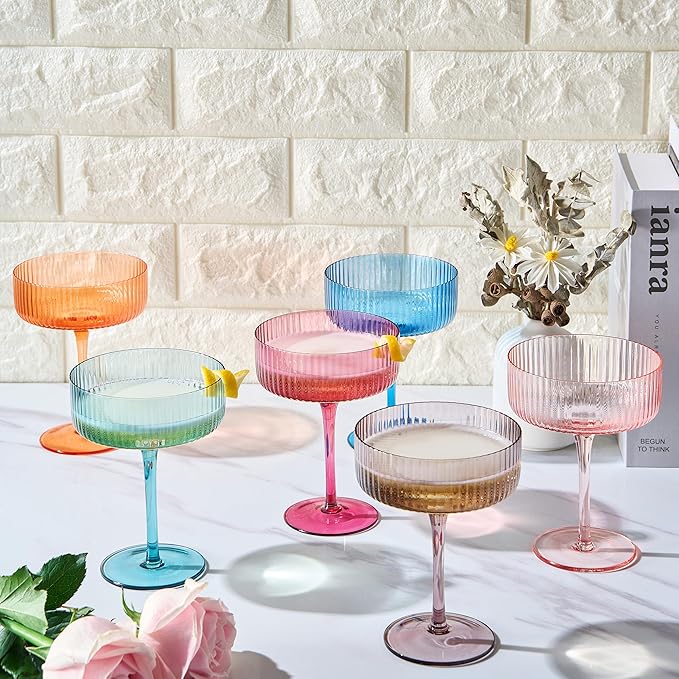 Ribbed Vintage Art Deco Coupe Glasses | 10 OZ Glass, 6-Set | Martini, Champagne & Cocktail Ribbed, Winter Bright Colored Crystal Glassware - Goblet Stemmed Ripple Glassware, Housewarming (Pastel)