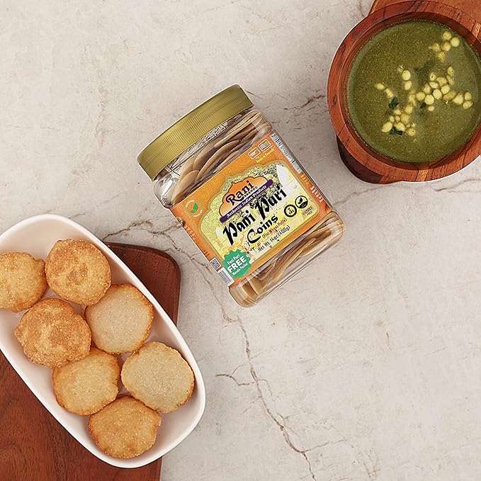 Rani Pani Puri Coins (Uncooked, Microwaveable Wheat Semolina Coins) 14oz (400g) w/Pani Puri Masala (14-Spice Blend for Indian Spicy Water) 1.75oz (50g) ~ All Natural | Vegan | NON-GMO | Kosher