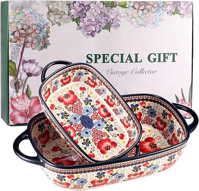 Ceramic Baking Dish Set of 2 ??Decorative Polish Pottery Style Casserole Dishes with Handles, Cute Oven-Safe Lasagna Bakeware Gift Set