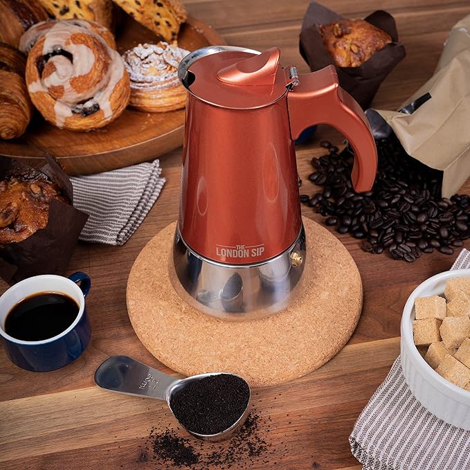 London Sip Stainless Steel Stovetop Espresso Maker Moka Pot Italian Coffee Percolator, Copper, Large (16.9 oz)