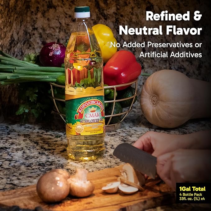 Refined Sunflower Oil, 1 Gal (4 x 1L), Premium Imported Ukrainian Cooking Oil, NON GMO, Halal & Kosher Certified, Neutral Oil for Frying & Salad