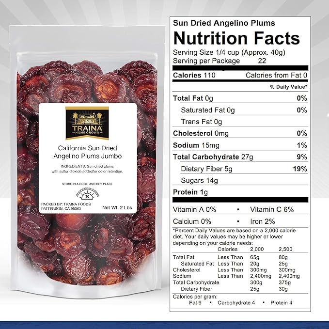 Traina Home Grown Jumbo California Sun Dried Angelino Plum Halves - Healthy, No Sugar Added, Chewy, Tangy, Deep Violet Color, Non GMO, Gluten Free, Kosher Certified, Vegan, Packed in Resealable Pouch (2 lbs)