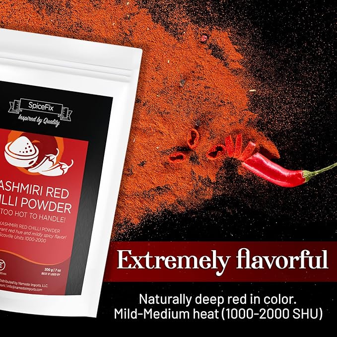 SpiceFix - Kashmiri Red Chilli Powder, Mild to Medium Heat Sun-Dried Indian Red Chili Powder, Natural Ground Vegan Kashmiri Spice in a Resealable Bag, 7 Ounces