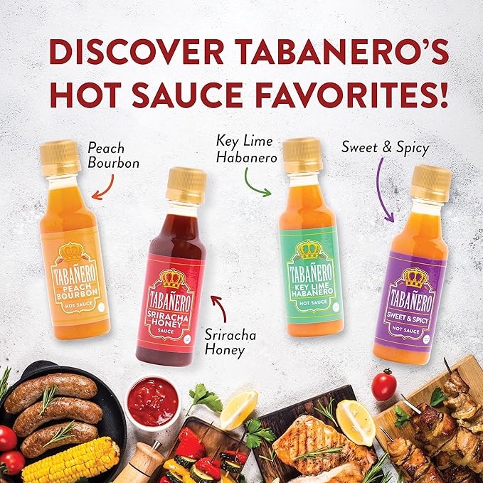 Taba챰ero Variety Hot Sauce Gift Set, 4 Pack, Kit Includes Peach Bourbon, Sriracha Honey, Key Lime Habanero, Sweet & Spicy, 1.7 oz Mini Glass Bottles, All Natural, Gluten Free, Low Sodium, Vegan, Kosher, Made in the USA
