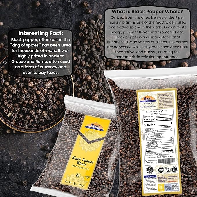 Rani Black Pepper Whole (Peppercorns), Premium MG-1 Grade 28oz (1.75lbs) 800g ~ All Natural | Gluten Friendly | Non-GMO | Kosher | Product of Vietnam | Perfect size for Grinders!