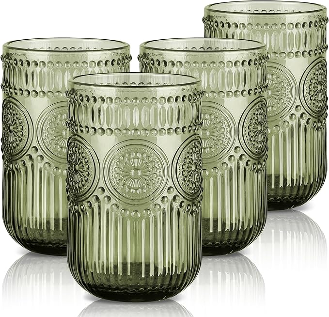 Joeyan Vintage Green Drinking Glasses Set of 4,14 oz Embossed Sunflower Beaded Highball Glass Water Tumbler Cups,Colored Romantic Glassware for Beverages Cocktail Juice Wine,Dishwasher Safe