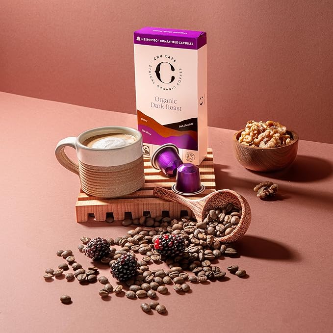 Cru Kafe Dark Roast USDA Organic Espresso Coffee Capsules (10 Pods) Fairtrade Coffee Pods Compatible with Nespresso Original Line and Pixie Machines