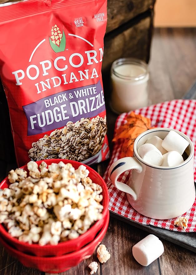 Popcorn Indiana Black & White Fudge Drizzle Chocolate Popcorn (6 oz Bags ??6 Pack) Pre-Popped Popcorn Made with Real Cocoa, Gluten Free, No Artificial Flavors, Perfect for Movie Nights or Snacks