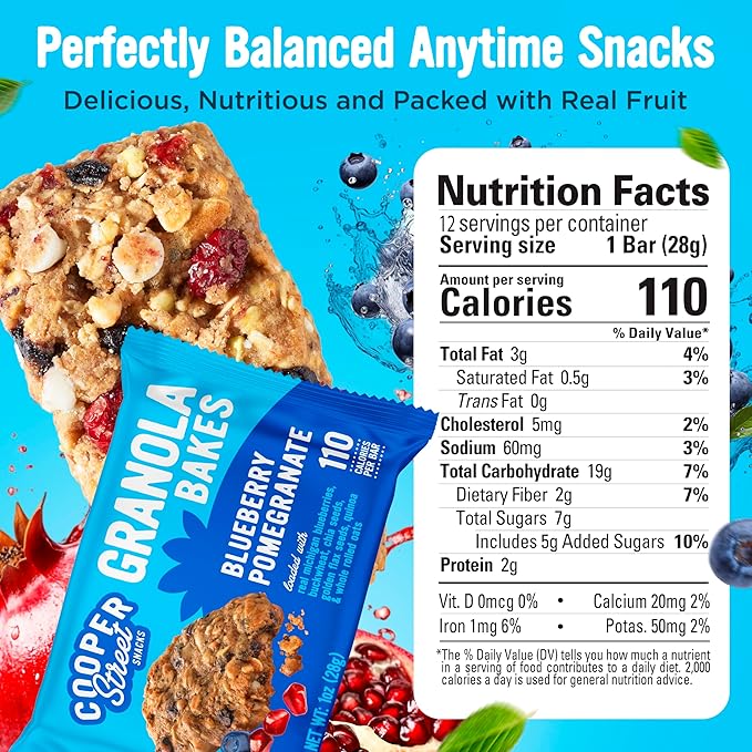 Cooper Street Blueberry Pomegranate Granola Bakes (48 Count) – Individually Wrapped Soft and Chewy Granola Bars Bulk – Low Sodium, Nut & Dairy Free - Perfect As Healthy Bulk Office or Classroom Snacks