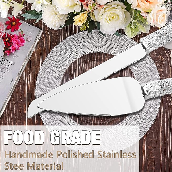 Wedding Silver Cake Knife and Server Set - 2 Pcs Dessert Set Metal Handle with Crystal Stones Decoration for Wedding, Anniversary Party Birthday Banquets,Gifts for Bride and Groom