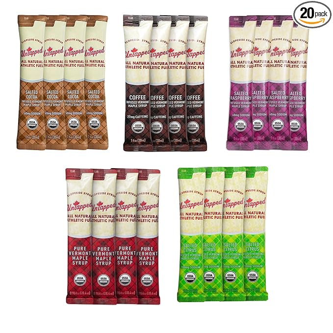UnTapped Maple Syrup Energy Gels Pack of 20 | 5 All-Natural Flavors Including Coffee, Raspberry, Pure Maple, Citrus, & Cocoa | USDA Organic-Certified Maple Syrup for Long-Lasting Energy