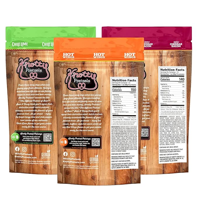 Knotty Pretzels ???쏷he Official Pretzel of Beer??7.5 Ounce Pretzel in Resealable Snacks Bags, Flavored Pretzels, Hot Wings, Smokey Cheddar Bacon, Chile Lime - Bold Variety (3 Pack)
