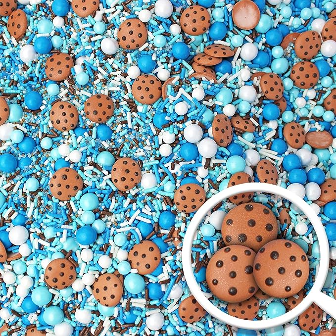 Sprinkle Pop Cookies & Milk Sprinkle Mix| Blue and White Sprinkles with ~6 Hand Piped Chocolate Chips Cookies and Brown Pops| Decorating Sprinkles Made in USA For Birthday Cake Cupcakes Donuts, 2oz