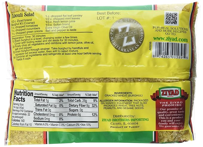 Ziyad Cracked Wheat Bulgur ??Fiber-Rich Whole Grain, Nutty Flavor & Chewy Texture ??Ideal for Tabbouleh, Kibbeh, Curries, Soups & Salads ??Easy 30-Minute Prep, Vegan - Coarse, 32 Ounce (Pack of 12)