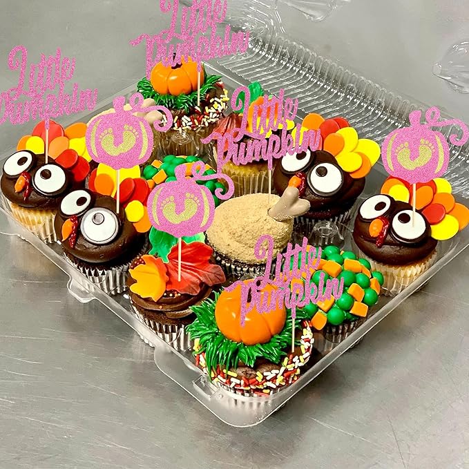 24Pcs Little Pumpkin Cupcake Toppers - Baby Shower Cake Decorations - Baby Feet Pumpkin Cupcake Picks for Thanksgiving, Halloween, Kids Birthday Parties - Pink Glitter