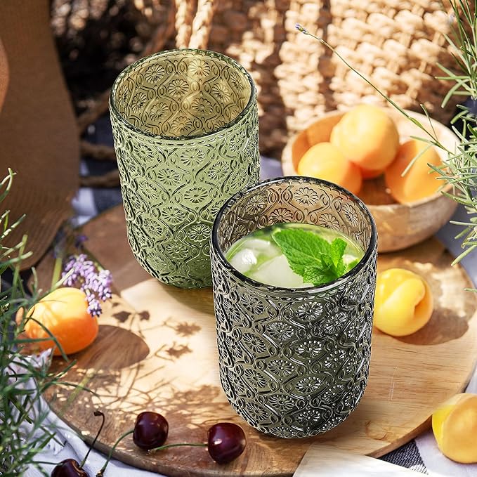 Joeyan Vintage Drinking Glasses,Embossed Floral Highball Glass Water Tumbler,14 oz Colored Beverages Juice Cocktail Beer Wine Glassware Cups,Set of 4,Dishwasher Safe