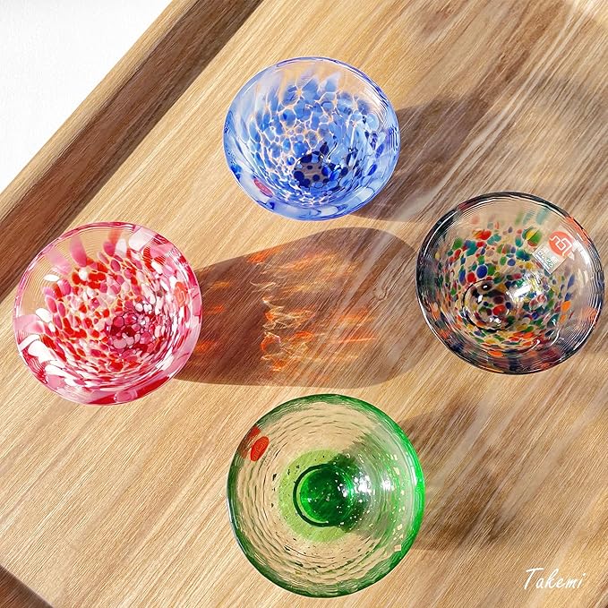 Japanese Handcrafted Sake Glass Set, Artisan Glassware for Cold Sake and Shochu, Made in Japan (Sake Cup Set (4pcs) ??Festival & Nature Series, 1.7 fl oz (50ml))