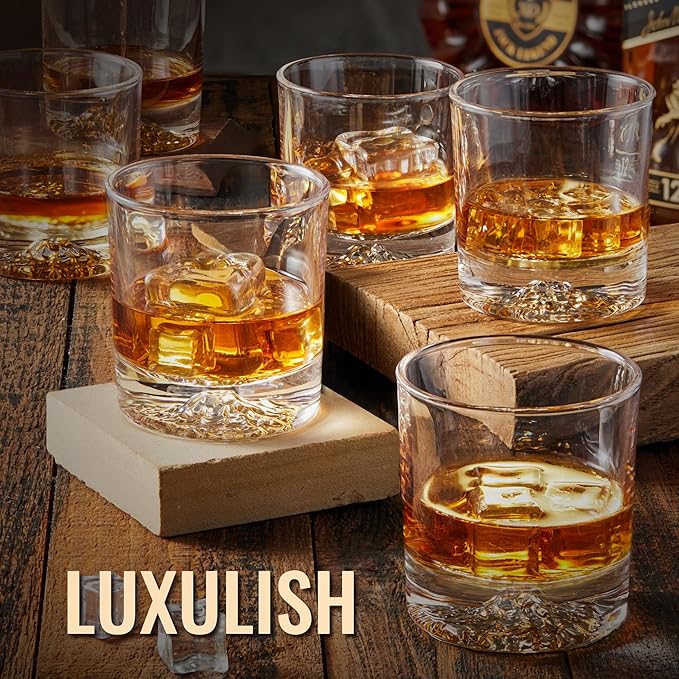 Whiskey Glasses Set of 6 with Unique Raised Mountain Base, Premium Crystal Bourbon Scotch Glass for Men Dad, Solid Old Fashioned Glass Lowball Glasses Rocks Glasses -12Oz