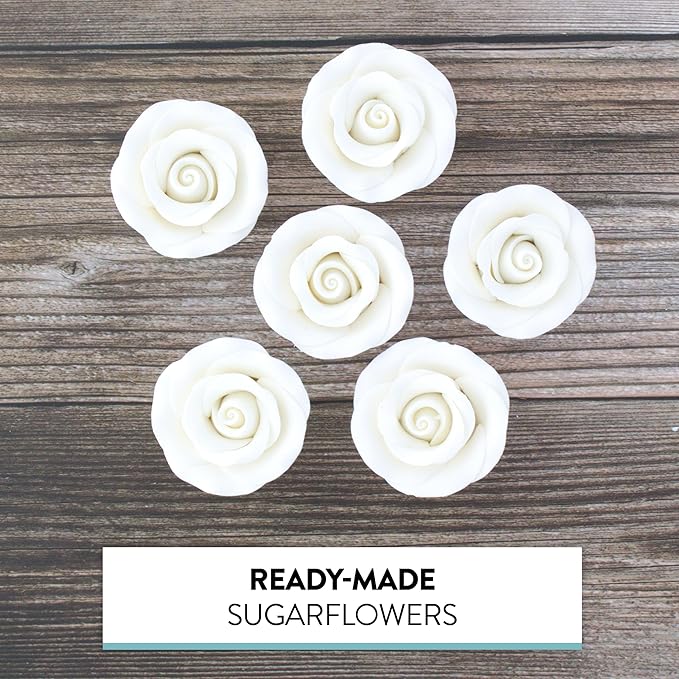 Global Sugar Art Premium Edible Roses, White, Unwired, Medium 1.5 inches, 12 Count by Chef Alan Tetreault