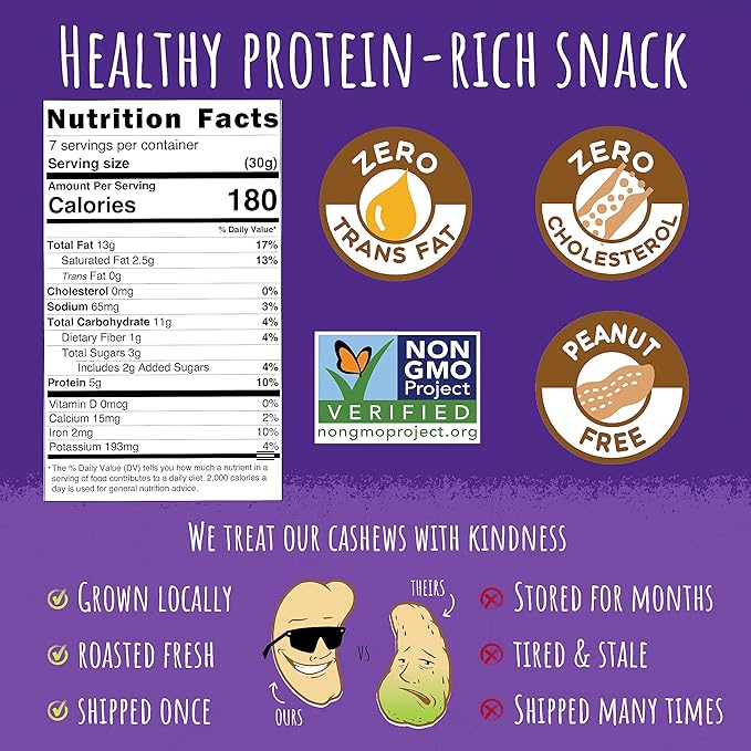 Sunshine Nut Company Whole Roasted Lightly Salted Cashews, Sugar and Spice Flavor, 4 Pack, 7 oz. Each, Gluten Free, Peanut Free and Vegan Individual Snack Packs for Kids and Adults, GMO Free