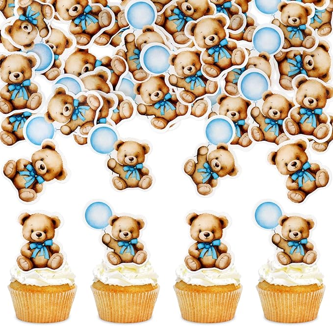 40 PCS Edible Baby Shower Bear Cupcake Toppers Drink Topper Selection Baby Bear Theme Baby Shower Decorative Supplies Jungle Animal Theme Birthday Party Cake Decorative Supplies Blue