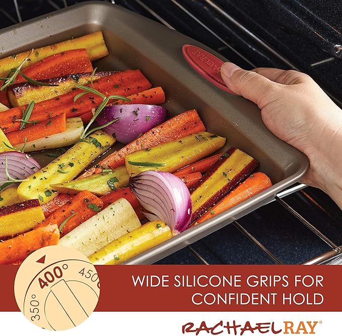 Rachael Ray Cucina Bakeware Set Includes Nonstick Cake Cookie Baking Sheet and Muffin Cupcake Pan, 4 Piece, Latte Brown with Cranberry Red Grips