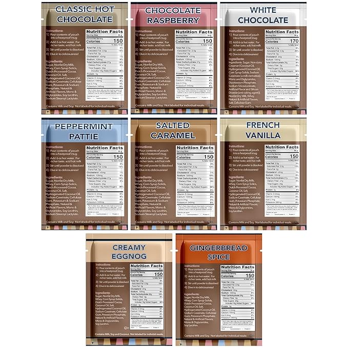 Double Donut Flavored Hot Chocolate Packets Variety Pack, 9 Count Includes Classic, Chocolate Raspberry, Salted Caramel, Peppermint, Eggnog & Gingerbread