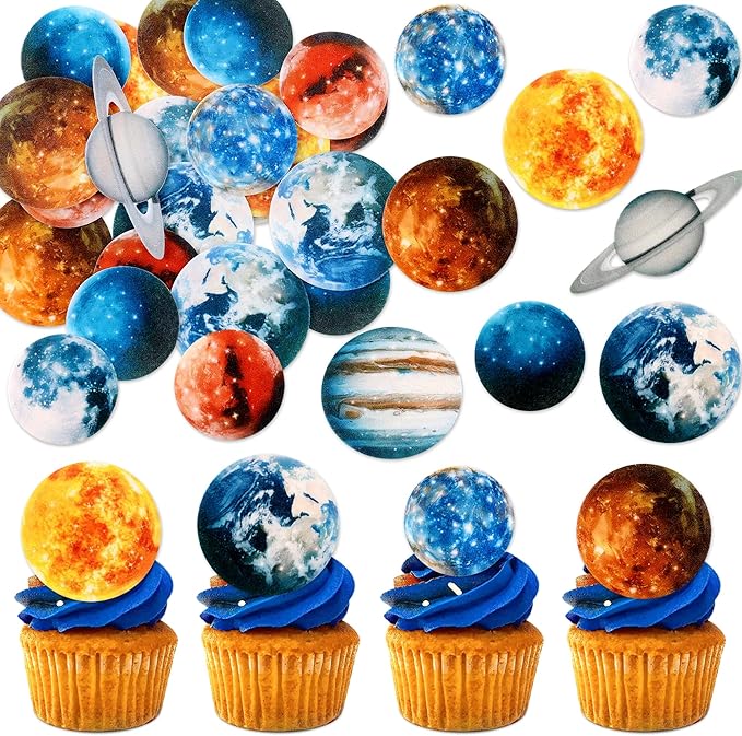 54 Pcs Edible Outer Space Cupcake Toppers Wafer Paper Solar System Galaxy Universe Planets Cupcake Picks for Drink Topper Baby Shower Boys Girls Birthday Outer Space Themed Party Cake Decorations
