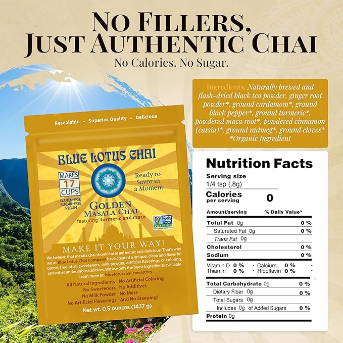 Blue Lotus Chai - Golden Masala Flavor Chai - Makes 17 Cups - 0.5 Ounce Masala Spiced Chai Powder with Organic Spices - Instant Indian Tea No Steeping - No Gluten