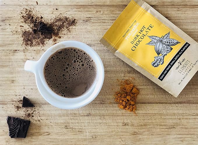 Elements Truffles Turmeric Dark Hot Chocolate - Heavy Metal Tested - All-Natural, Handmade Dark Chocolate Mix - Uses Ecuadorian, Fair Trade, Organic Cacao Powder - Vegan Cocoa Mix - 16 oz