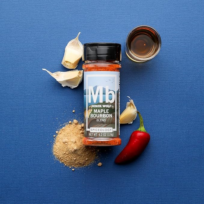 Spiceology & Derek Wolf - Maple Bourbon Seasoning - Sweet & Smoky Barbeque Rubs, Seasonings and Spice Blends - Use On: Ribs, Pork Shoulder, Beef, Bacon, Chicken Wings, Popcorn, Scallops or Duck Breast - 4.2 oz