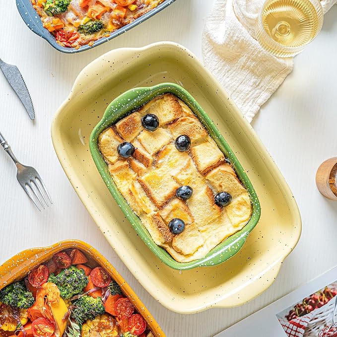 Casserole Dish Set of 3,Ceramic Bakeware for Oven,Rectangular Baking Dishes with Handles,High Heat Resistant,Colorful Speckle Stoneware Series (13.8''/12''/9.6''Yellow)