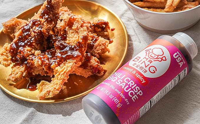 Mr. Bing Sweet & Spicy Chili Crisp BBQ Sauce, 14.5 oz, Marinade Dip and Stir-Fry Sauce, Made in USA. Gluten-Free, MSG Free (Pack of 1)