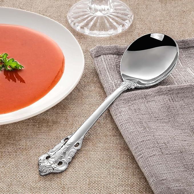 KEAWELL Gorgeous Round Soup Spoon, Set of 4, 18/10 Stainless Steel, Luxury Bouillon Spoon, Dishwasher Safe, Fine Mirror Polished (Silver)