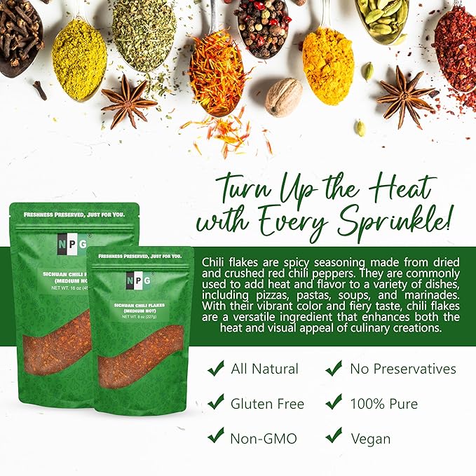 NPG Authentic Sichuan Chili Flakes 8 Ounces, Medium Hot, Szechuan Crushed Red Pepper Flakes Bulk, Essential Spice Seasoning for Making Kimchi, Chili Oil, Stir-fry, Pizza, Salads, and Tacos