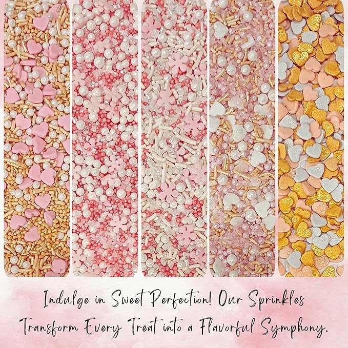 Confect Pink, Silver, Gold & White Pearl Sprinkles Mix ??Edible Baking Decorations for Cakes, Cupcakes, Cookies ??Valentine?셲 & Celebration Sprinkle Set ??Pack of 5 - Vegan, Gluten-Free, Nut-Free, Soy-Free, Dairy-Free, Palm Oil-Free -5 Oz