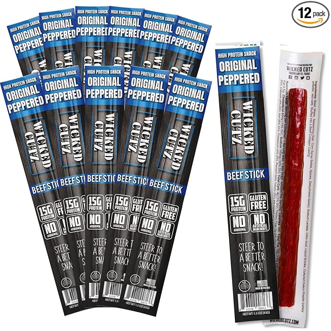 Wicked Cutz Original Peppered Beef Sticks, 15g Protein Per Beef Stick, Tender & Juicy Extra Large Meat Stick, USA Made High Protein Meat Sticks, Carnivore Snacks (12 Pack)