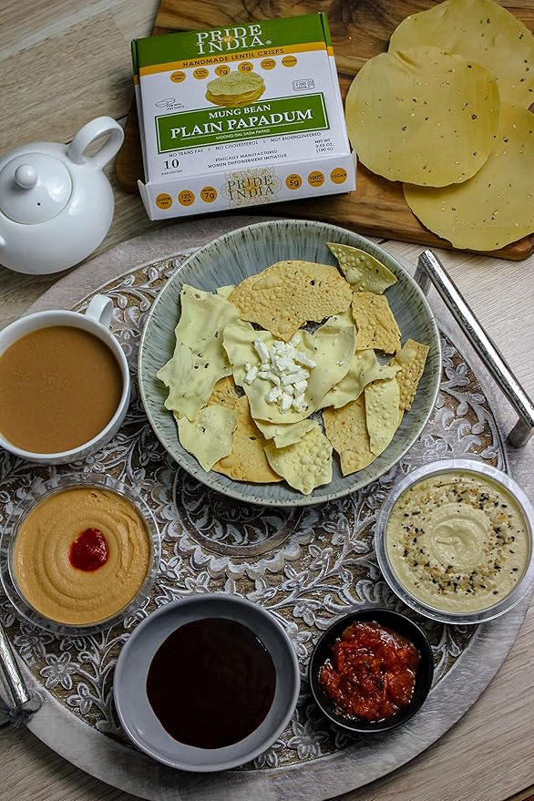 Pride Of India - Mung Bean Plain Papadum Lentil Crisp, 10 count (3.53oz - 100gm) - Plant Based Protein Snack, Gluten-Free Vegan Crackers, Healthy Bean Chips, Traditional Handmade Indian Low Carb Food