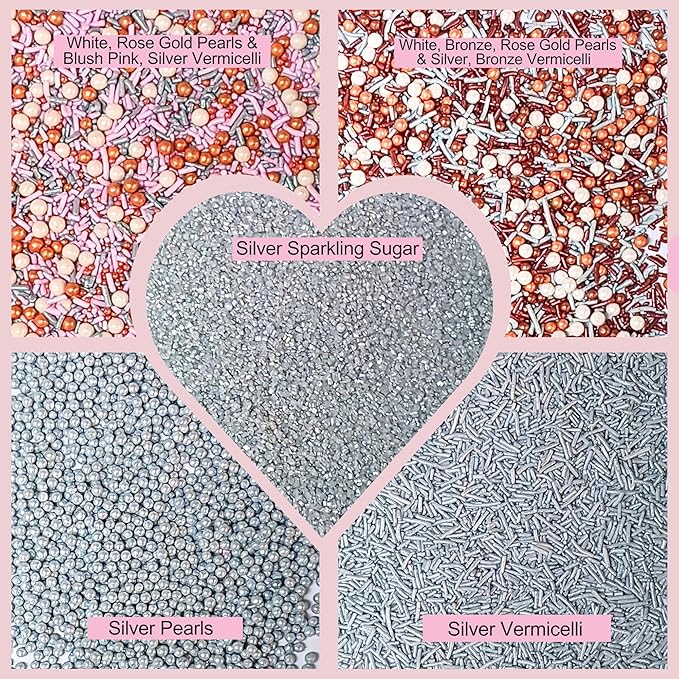 Confect Edible Cake Sprinkles Mix ??Silver, Bronze & White Pearls, Silver Jimmies, Sparkling Sugar ??Dessert Toppings for Cakes, Cupcakes, Cookies & Baking Decoration | Vegan, Gluten-Free, Nut-Free, Soy-Free, Dairy-Free, Palm Oil-Free- 5 Oz