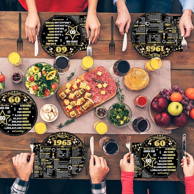 96Pcs 60th Birthday Plates and Napkins Back in 1965 Party Decorations Black Gold 60 Year Old Party Dessert Plates 1965 Tableware for 24 Guests 60th Theme Men Woman Birthday Supplies
