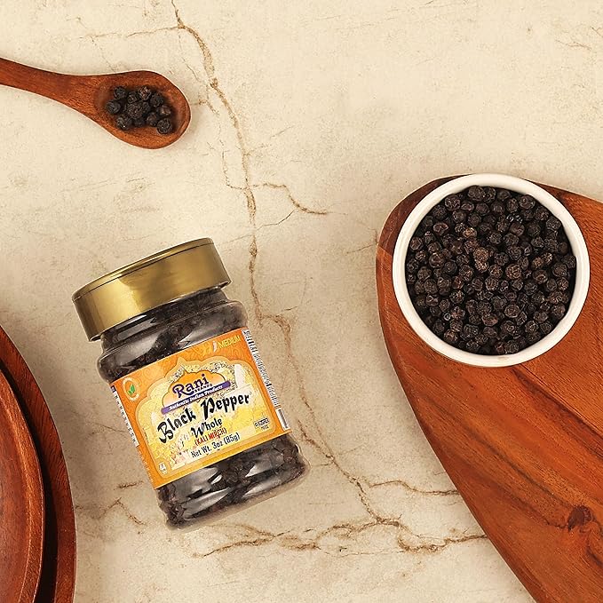 Rani Black Pepper Whole (Peppercorns), Premium MG-1 Grade 3oz (85g) PET Jar ~ All Natural | Gluten Friendly | Non-GMO | Kosher | Product of Vietnam | Perfect size for Grinders!