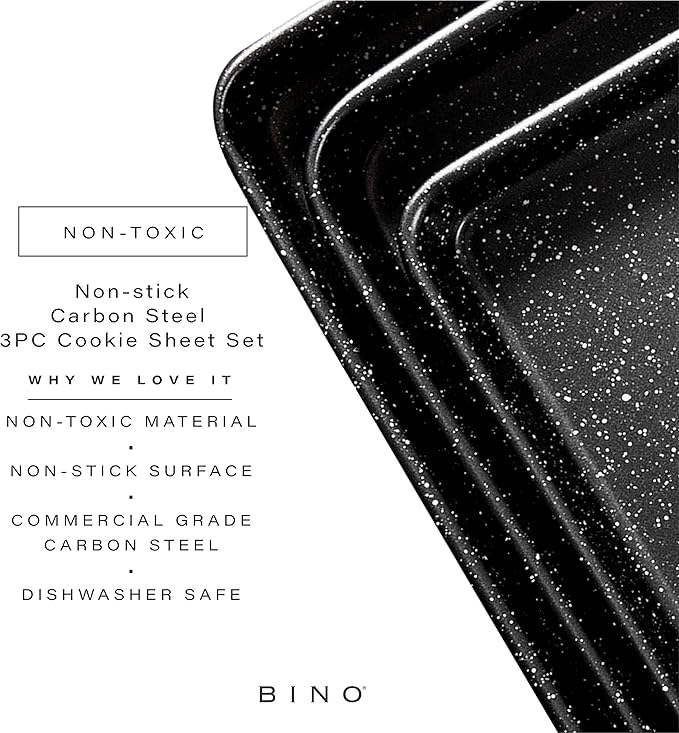BKN Cookie Sheet Pan Set - 3-Piece Speckled Black | Carbon Steel NonStick Pans | Oven Safe