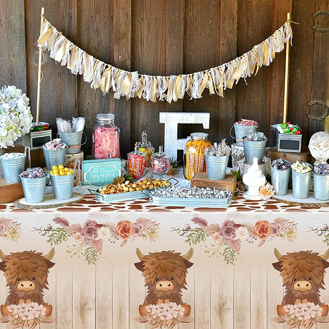 3Pcs Highland Cow Party Tablecloths, Brown Highland Cattle Birthday Table Cover, Brown Cow Print Themed Party Decorations Plastic Disposable Rectangular Table Cloth Decor for Kids Birthday Baby Shower