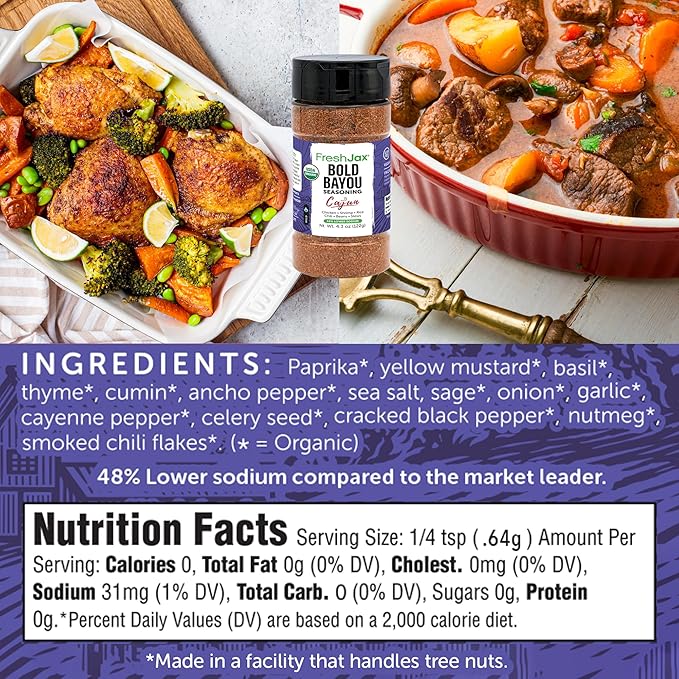 FreshJax Organic Cajun Seasoning (4.3 oz Bottle) | Non GMO, Gluten Free, Keto, Paleo, No Preservatives Bold Bayou Blend - Cajun Spice