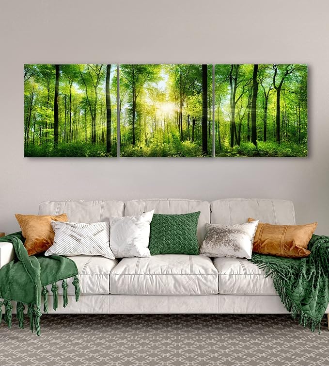 Forest Wall Art Decor - Large Canvas Art 24x72 - 3 Panel Green Nature Print - Forest Picture of Trees Wall Art - Landscape Nature Canvas Wall Art for Living Room, Bedroom & Office