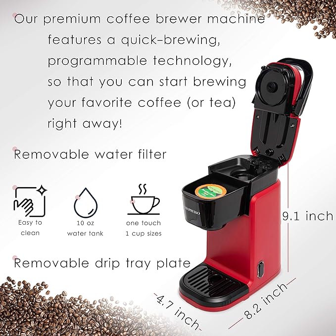 Mixpresso Single Cup Coffee Maker, Personal Single Serve Coffee Brewer Machine, Compatible with Single-Cups, Quick Brew Technology, One Touch Function Red Coffee Maker, 12oz One Cup Coffee Maker