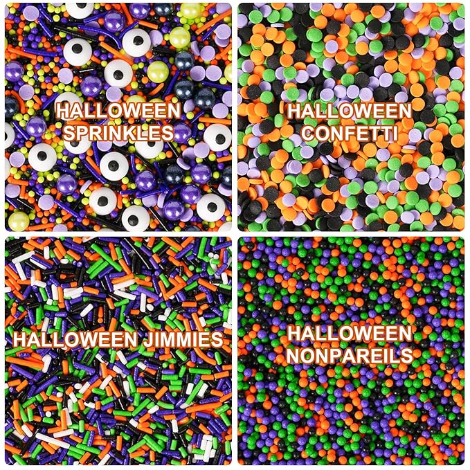 Halloween Sprinkles 4 Cell Edible Candy Eyeball Mix Orange Black Purple Green Sprinkle Jimmies Nonpareils Perfect for Cake Decorations Baking Ice Cream Cookies Cupcake Topper 6.5OZ