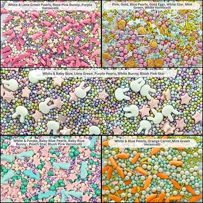 Confect Spring Sprinkle Mix ??5-Pack Bunny-Themed Edible Sprinkles | Pink, White & Blue with Stars, Pearls & Vermicelli | Perfect for Cakes, Cupcakes, Cookies & Baking | Vegan, Gluten-Free, Nut-Free, Soy-Free, Dairy-Free, Palm Oil-Free- 5 Oz